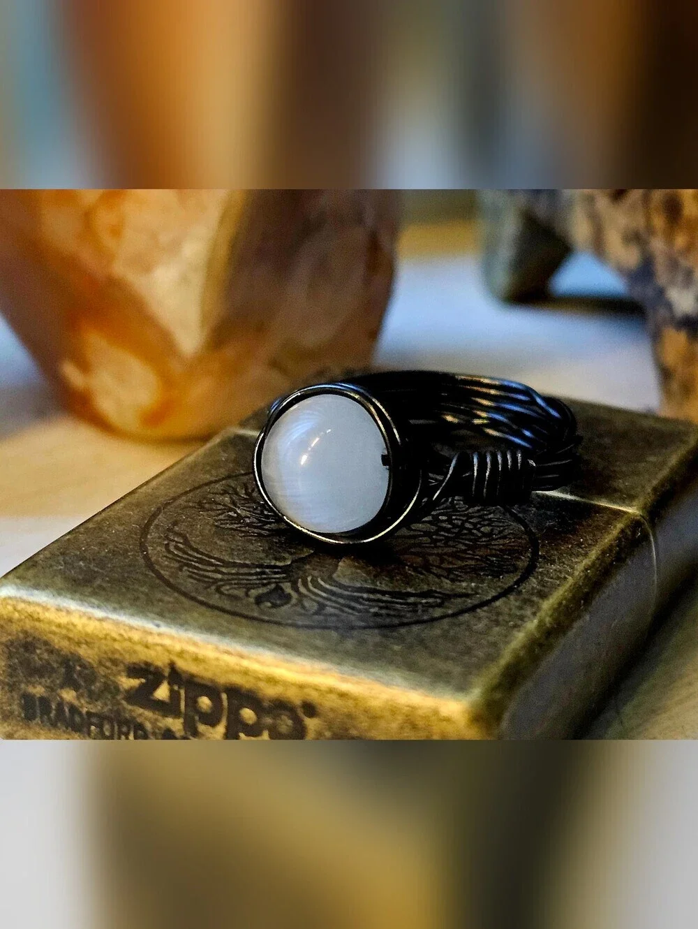 Black Aluminum Wire-Wrap Cat Eye Stone Ring